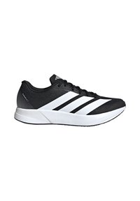 Schwarze Sportschuhe mit strukturiertem Obermaterial, versehen mit drei weißen Streifen, einer leichten Sohle und einem modernen Design mit schlanker Silhouette.