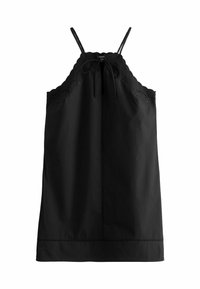 Robe noire à halter en tissu lisse, ornée d'une dentelle au niveau du col et d'une fermeture à nouer à l'arrière, avec une silhouette simple en A.