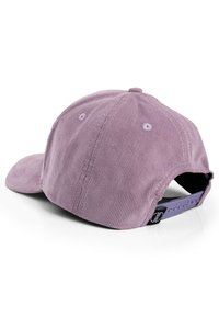 Purple corduroy cap with a curved visor, adjustable strap at the back, and subtle stitching details. Soft texture and casual design.