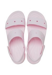 Light pink sandals with two wide straps and ventilation holes. Flat sole and textured footbed for comfort. Made of flexible material.