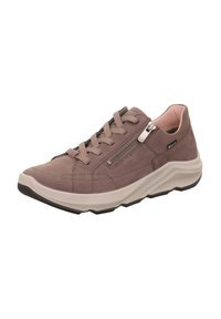 Hellbraune Wildleder-Sneaker mit Schnürung und seitlichem Reißverschluss. Verfügt über eine strukturierte beige Mittelsohle und eine schwarze Gummisohle.