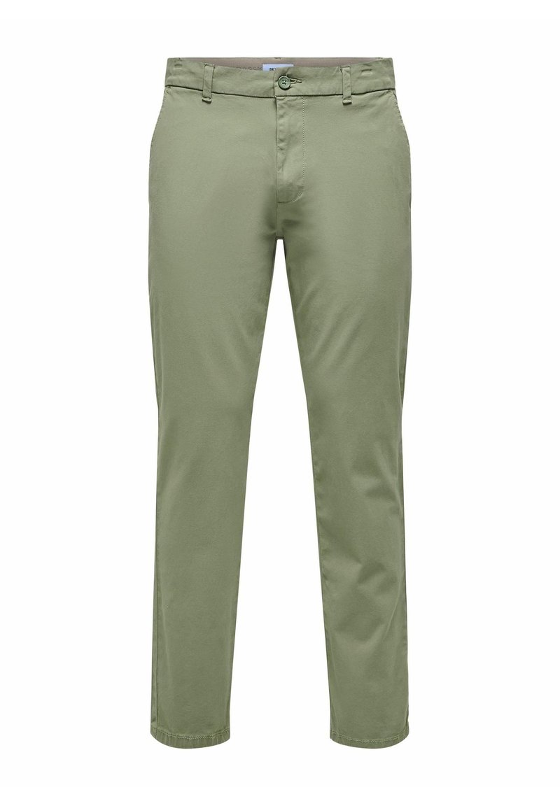 Pantaloni verde chiaro in cotone, con chiusura frontale piatta, bottone e tasche laterali; struttura liscia con una vestibilità su misura.