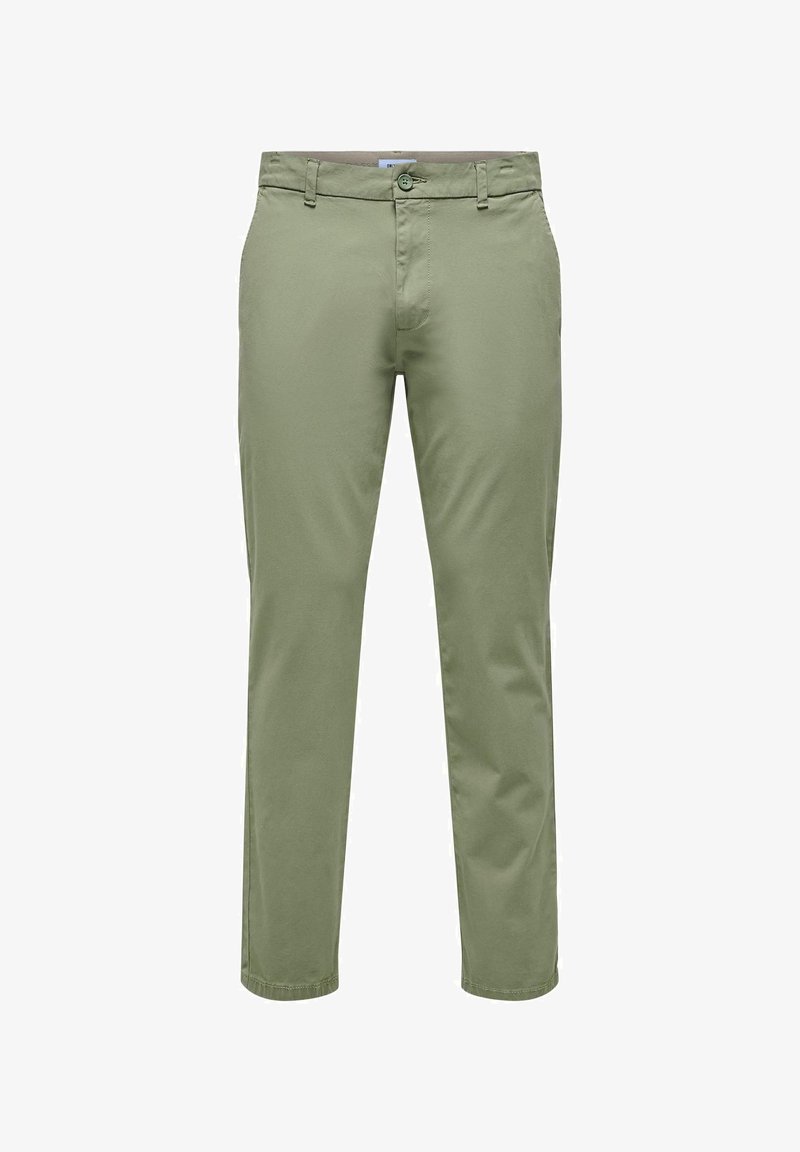 Light green trousers made from cotton, featuring a flat front, button closure, and side pockets; smooth texture with a tailored fit.