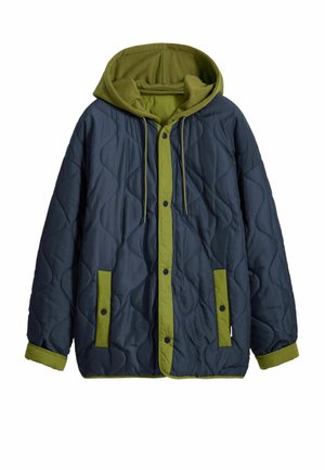 Quilted jacket in navy blue with an olive green hood and trim. Features snap buttons, side pockets, and a textured pattern.