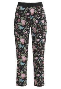 Svarta byxor med ett blommönster som har rosa rosor och blå blommor, tillverkade av mjukt tyg, med ett elastiskt midjeband för komfort.