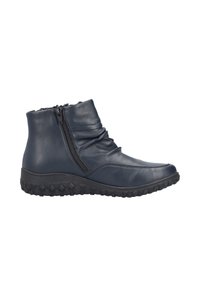Navy blue leather ankle boots with a side zipper, gathered texture, and a rugged black rubber sole featuring a geometric pattern.