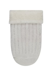 Knee-high white sock with a textured band at the top and vertical ribbed pattern, made from soft fabric. Rounded toe design.