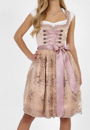 Frau trägt ein hellrosa traditionelles Dirndl-Kleid mit Spitze, floraler Stickerei, Korsett-Schnürung und einer aus Satin gebundenen Schleife an der Taille.