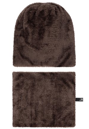 Brown faux fur beanie and neck warmer set. Soft texture, rounded top for the beanie, rectangular shape for the neck warmer. Tag included.