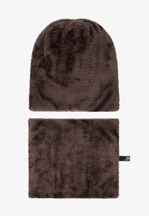 Braunes Set aus Kunstpelzmütze und Halsschlauch. Weiche Textur, abgerundete Oberseite für die Mütze, rechteckige Form für den Halsschlauch. Etikett enthalten.