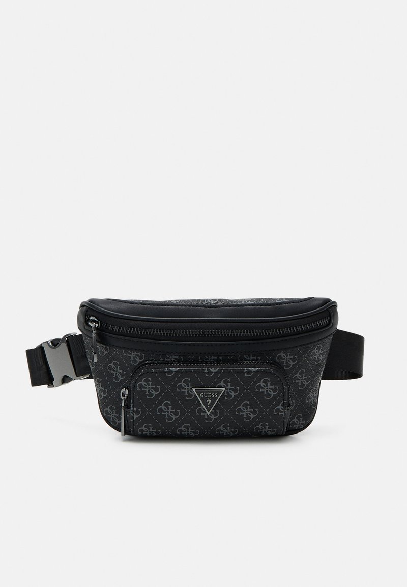 Black fanny pack made of textured material, featuring a zippered main compartment, front pocket, and patterned logo design. Adjustable strap.