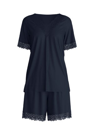 Set di pigiama blu navy in tessuto morbido con scollo a V rifinito in pizzo e maniche corte, accompagnato da pantaloncini abbinati con dettagli in pizzo.