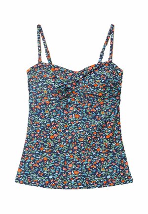 Kvetované tielko s nastaviteľnými ramienkami, s námorníckym pozadím a vzorom červených, ružových a zelených kvetov. Záhyby na oblasti poprsia.