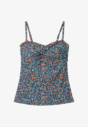 Kvetované tielko s nastaviteľnými ramienkami, s námorníckym pozadím a vzorom červených, ružových a zelených kvetov. Záhyby na oblasti poprsia.