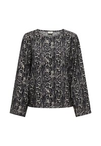 Maglia a maniche lunghe con un motivo a stampa serpente nero e beige, caratterizzata da un collo rotondo e una vestibilità comoda. Tessuto liscio e leggero.