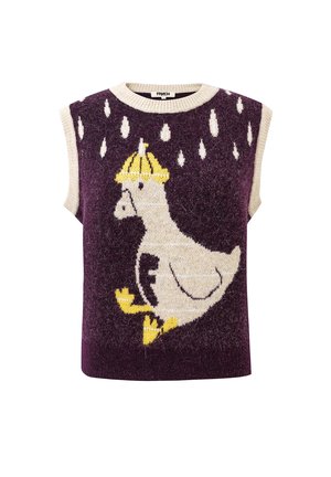 Mouwloos paarspaar tricotvest met een witte eend die een gele regenhoed draagt, gele voeten en witte regendruppels erboven.