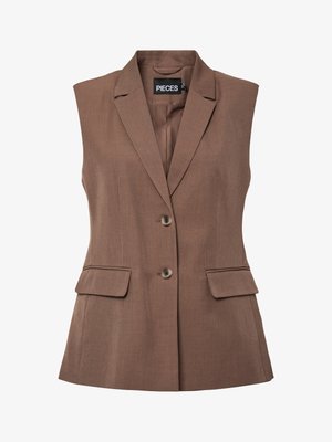 Καφέ tailored σακάκι χωρίς μανίκια με δύο κουμπιά, γιακά notch lapel και πλαϊνές τσέπες με καπάκι και στις δύο πλευρές.