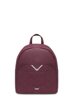 Maroon leather backpack with a textured finish, rounded top, front pocket with a geometric pattern, and a small metal hardware accent.