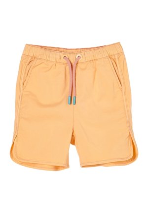 Jasno pomarańczowe krótkie spodenki z elastycznym pasem, bocznymi kieszeniami oraz różowym sznurkiem ściągającym z niebieskimi końcówkami, zaprojektowane na co dzień.