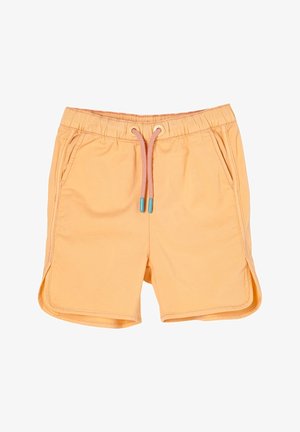 Jasno pomarańczowe krótkie spodenki z elastycznym pasem, bocznymi kieszeniami oraz różowym sznurkiem ściągającym z niebieskimi końcówkami, zaprojektowane na co dzień.