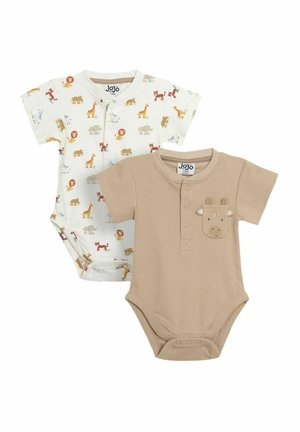 Dos bodies de manga corta: uno en color crema con estampados de animales coloridos, y el otro en beige con un acabado texturizado y un detalle de bolsillo en forma de cara de vaca.