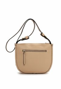 Beige Leder Umhängetasche in runder Form, ausgestattet mit einer Reißverschlusstasche auf der Vorderseite und kontrastierenden schwarzen Akzenten an den Trägern.