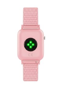 Roze smartwatch met een rechthoekige behuizing, zwart sensor in het midden en een geweven roze band. Groene LED-lampen zichtbaar op de sensor.