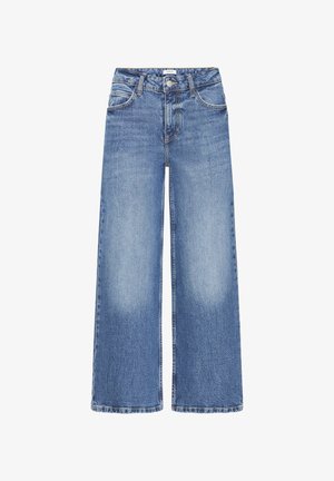 Jean en denim bleu clair à jambes larges avec taille haute, quatre poches et légère décoloration. Fabriqué en coton avec un design classique à cinq poches.
