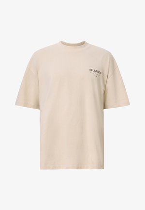 Beige cotton t-shirt with a crew neckline and dropped shoulders. Features a small black "ALLSAINTS" logo on the left side.
