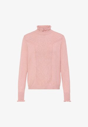 Maglione lavorato a maglia di un rosa chiaro con un collo alto a riccioli, caratterizzato da un motivo a diamante testurizzato al centro e polsini a coste.