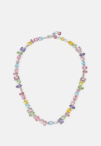 Multi-colored gemstone necklace featuring various shapes, including oval, round, and rectangular stones, set in silver-toned metal.