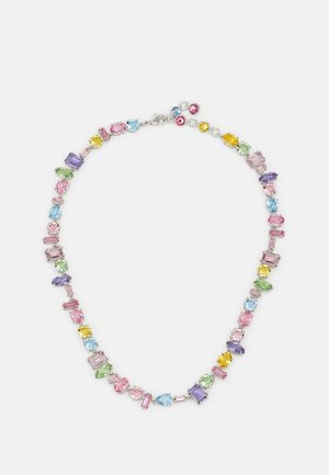 Multi-colored gemstone necklace featuring various shapes, including oval, round, and rectangular stones, set in silver-toned metal.