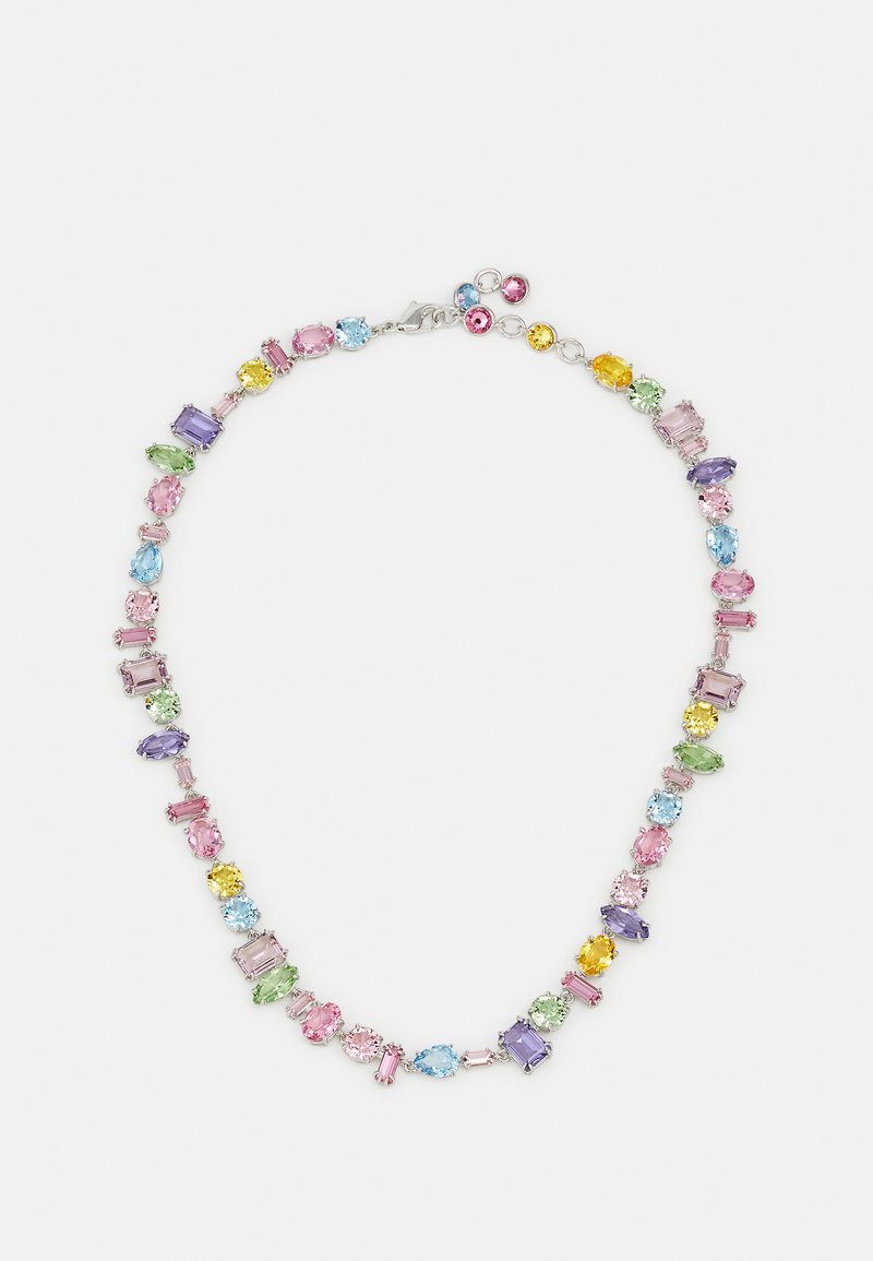 Multi-colored gemstone necklace featuring various shapes, including oval, round, and rectangular stones, set in silver-toned metal.