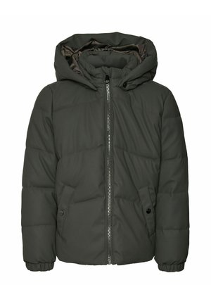 Veste rembourrée vert olive avec capuche, dotée d'une fermeture éclair à l'avant, de poches latérales et de poignets élastiques. Matériau lisse et durable avec un design matelassé.