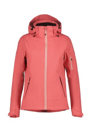 Korallrosa Kapuzenjacke mit Frontreißverschluss, zwei unteren Reißverschlusstaschen und einer Reißverschlusstasche am linken Ärmel, für den Außeneinsatz konzipiert.