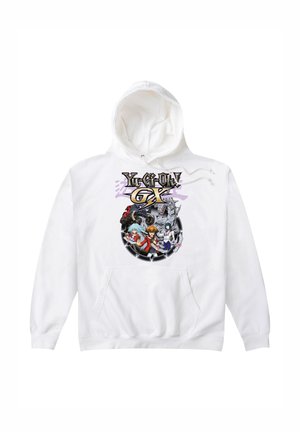 Hvid hættetrøje med "Yu-Gi-Oh! GX"-logo og tre animefigurer med en mekanisk drage i et cirkulært design på forsiden.