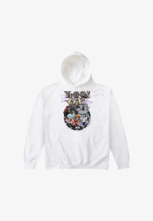 Felpa con cappuccio bianca con il logo "Yu-Gi-Oh! GX" e tre personaggi anime con un drago meccanico in un design circolare sul davanti.