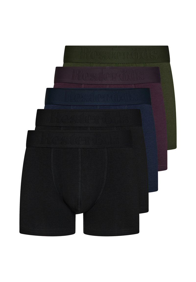 Fem par boxer briefs til mænd i mørke farver: sort, marineblå, maroon, grøn og mørkeblå, med blød stof og præget elastik.