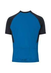 Maillot de sport à manches courtes bleu et noir avec trois poches à l'arrière et logo Vaude au bas du dos.