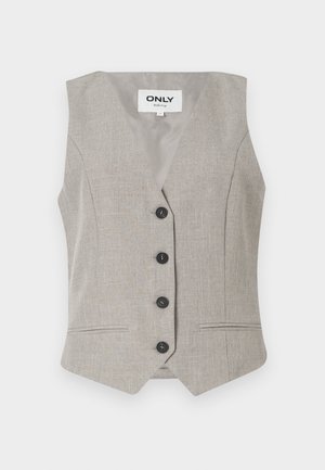 Gilet grigio chiaro in tessuto testurizzato, con scollo a V, cinque bottoni neri e due tasche frontali. Presenta una forma sagomata e non ha maniche.