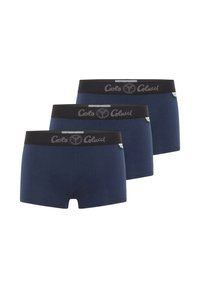 Three navy blue men's boxer briefs with black waistbands featuring a logo and small side tags, arranged in a staggered lineup.