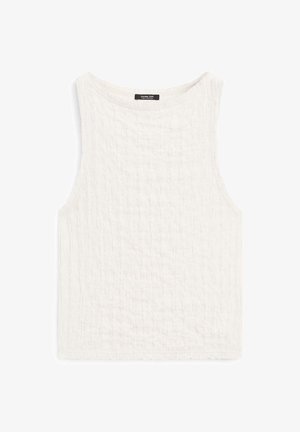 Vit ärmlös topp i texturerad tyg med ett subtilt mönster. Har en rund halsringning och en rak fåll.