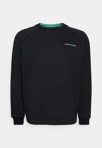 Black sweatshirt with a crew neck, ribbed cuffs, and hem. Features teal logo embroidery on the chest. Made from soft, smooth fabric.