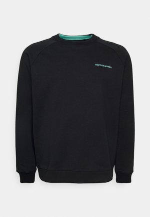 Black sweatshirt with a crew neck, ribbed cuffs, and hem. Features teal logo embroidery on the chest. Made from soft, smooth fabric.