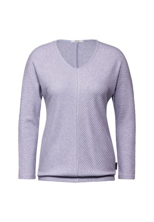 Lila långärmad topp med V-ringning, med texturerade diagonala ränder och en något avslappnad passform. Varumärkesetikett är synlig vid halsringningen.