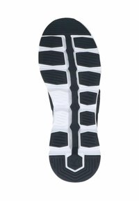 Shoe sole featuring a black textured rubber with white accents. Tread pattern includes hexagonal and angular designs for grip.