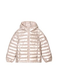 Chaqueta acolchada en un beige metálico claro, con cierre de cremallera, capucha y puños elásticos. Diseño acolchado con costuras horizontales.