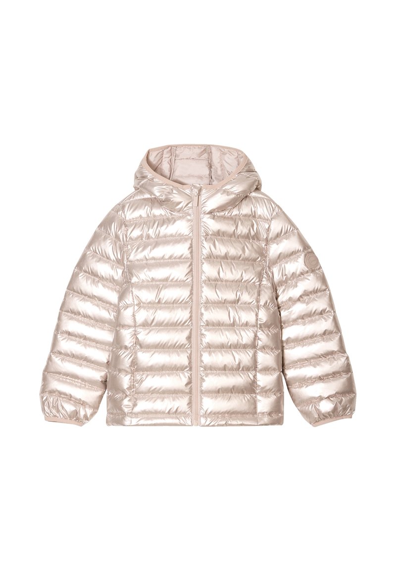 Chaqueta acolchada en un beige metálico claro, con cierre de cremallera, capucha y puños elásticos. Diseño acolchado con costuras horizontales.