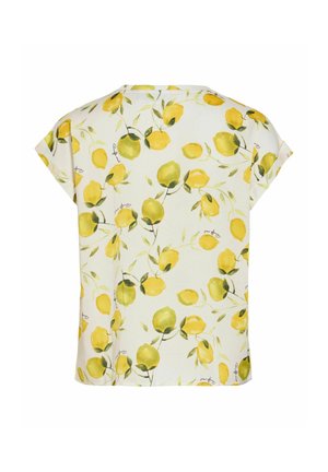 Hvid kortærmet skjorte med gult og grønt citronprint og små grønne blade, vist fladt bagfra.