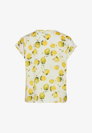 Chemise blanche à manches courtes avec imprimé citrons jaunes et verts sur toute la surface et petites feuilles vertes, affichée à plat vue de dos.